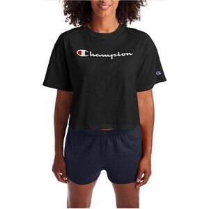 Champion Crop Top Black Short Sleeve Logo